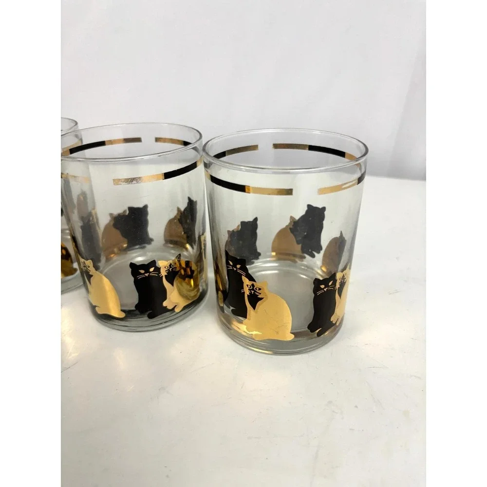 Georges Briard Mid Century Cat Glasses Set of 4 Gold Accent‎ Tumblers